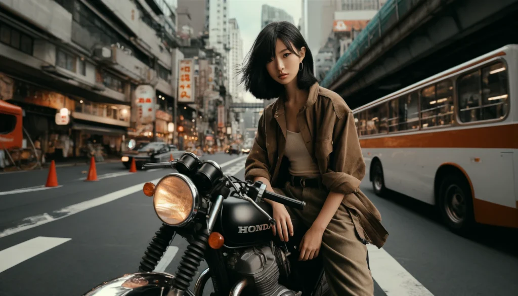 HONDA製バイクにまたがる街中のアジア系女性