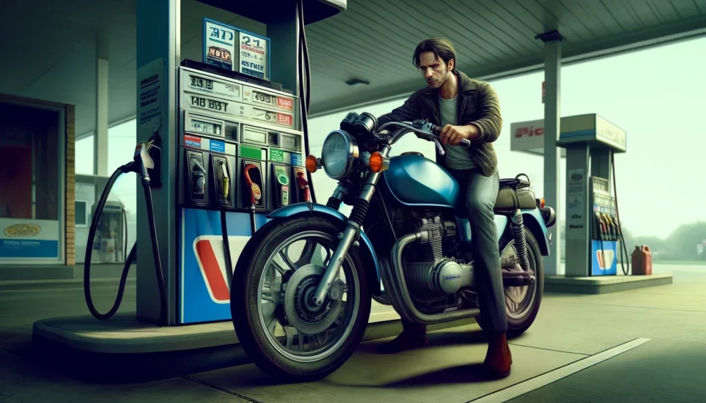 ガソリンスタンドで不満そうにバイクを見ている男性
