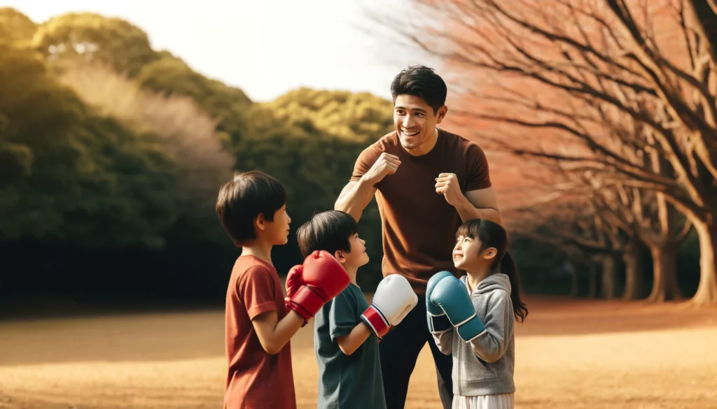 家族と公園でボクシングの練習をする男性