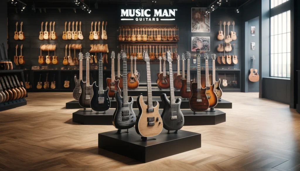 ミュージックマン製のギターが立ち並ぶ店