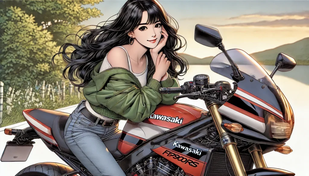 カワサキのバイクにまたがり、こちらを見て微笑んでいる若い長い黒髪の女性